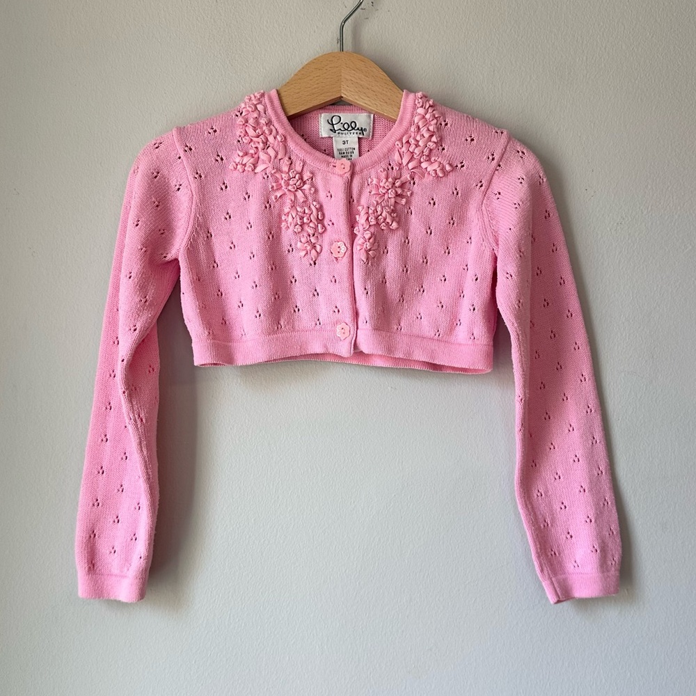 Lilly Pulitzer White Label Pink Pointelle Ribbon Embroidered Cardigan Size 3T